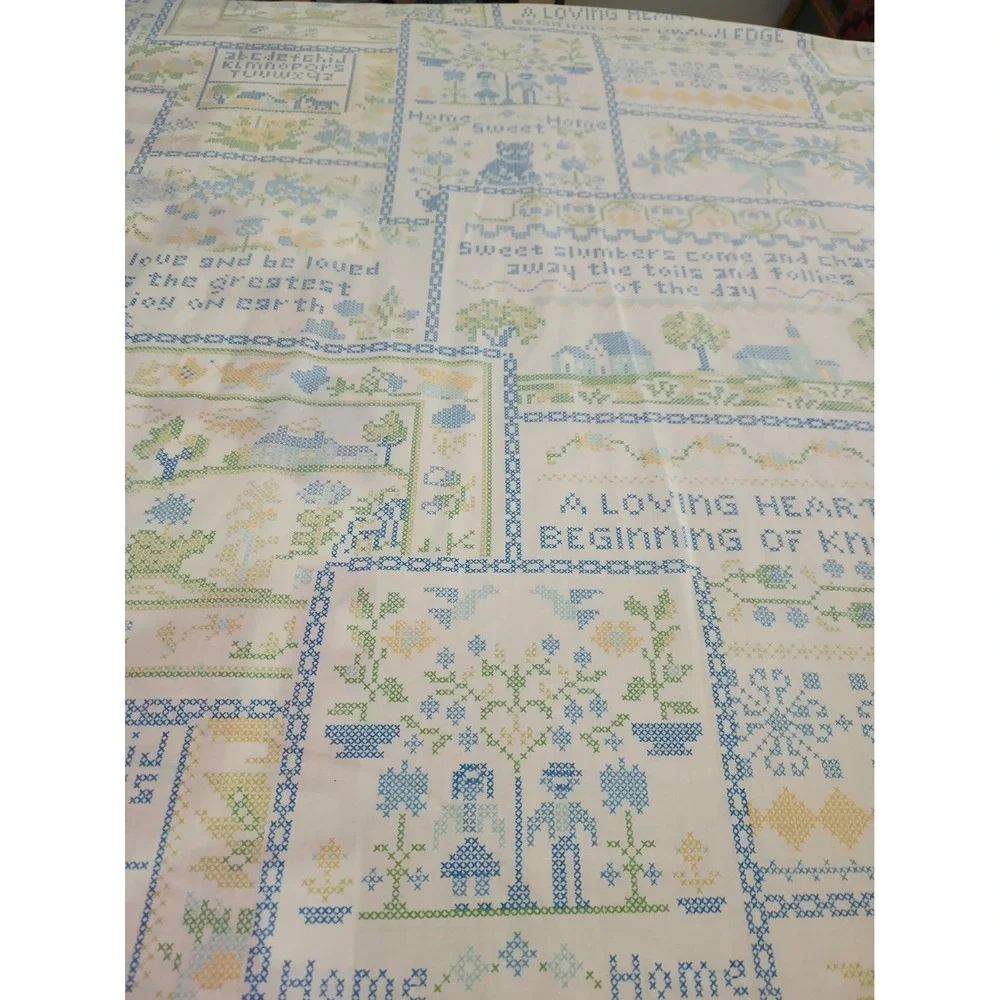 Vtg 70's Perma-Prest Full Flat Sheet Faux Cross Stitch Cottagecore Country